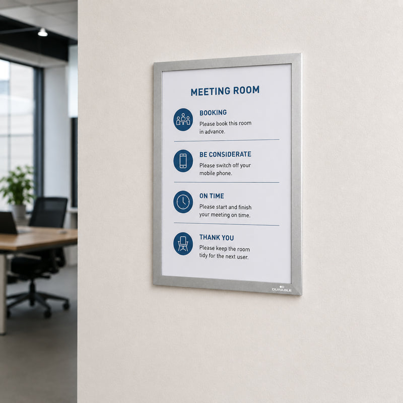 The Durable Duraframe Wallpaper A4 Silver mounted beside a modern meeting room entrance displaying office etiquette and booking information. The elegant silver frame complements contemporary office interiors while presenting important workplace information clearly and professionally.