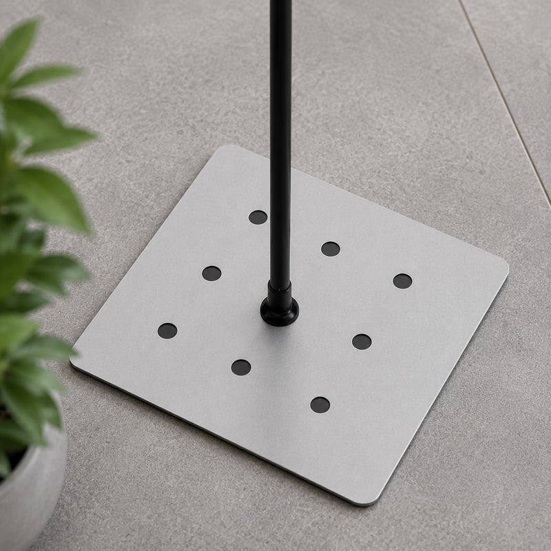 Close up of the silver steel base of the Durable Duraview A3 Floor Stand, showing the sturdy weighted construction with rounded corners and modern finish designed to provide excellent stability in office and reception environments.
