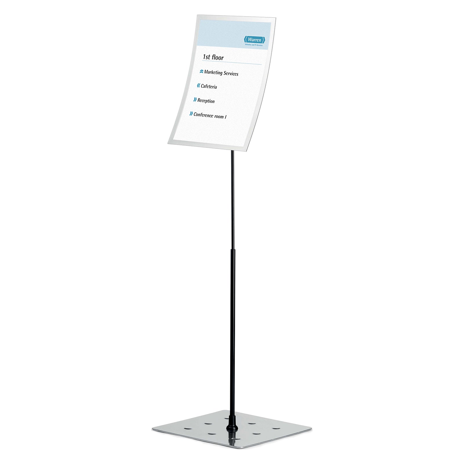 Studio product image of the complete Durable Duraview A3 Silver Floor Stand displaying an A3 information sheet in portrait orientation against a clean white background, highlighting its slim profile, adjustable height and modern professional design.