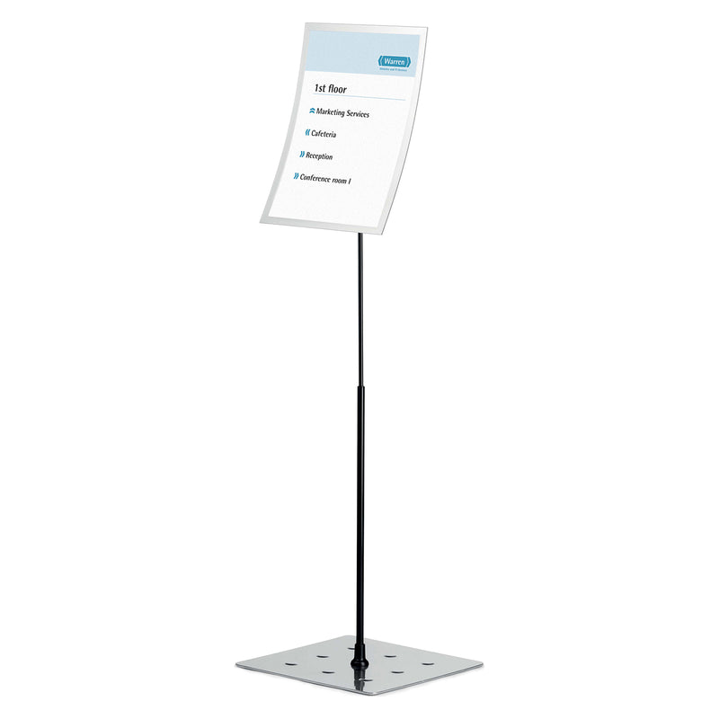 Studio product image of the complete Durable Duraview A3 Silver Floor Stand displaying an A3 information sheet in portrait orientation against a clean white background, highlighting its slim profile, adjustable height and modern professional design.