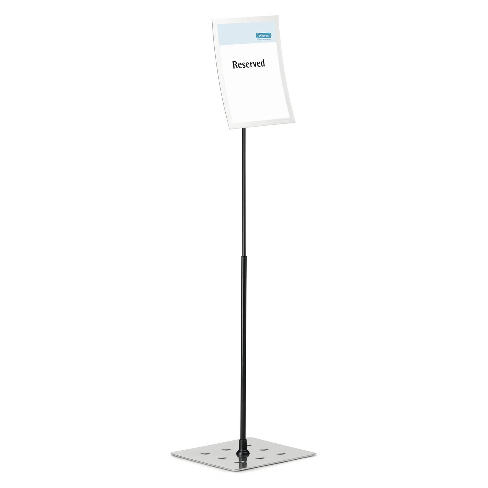 Full length studio product image of the Durable Duraview Floor Stand A4 Silver featuring the adjustable height black support pole, silver magnetic display frame and weighted square base, suitable for professional information display in commercial environments.