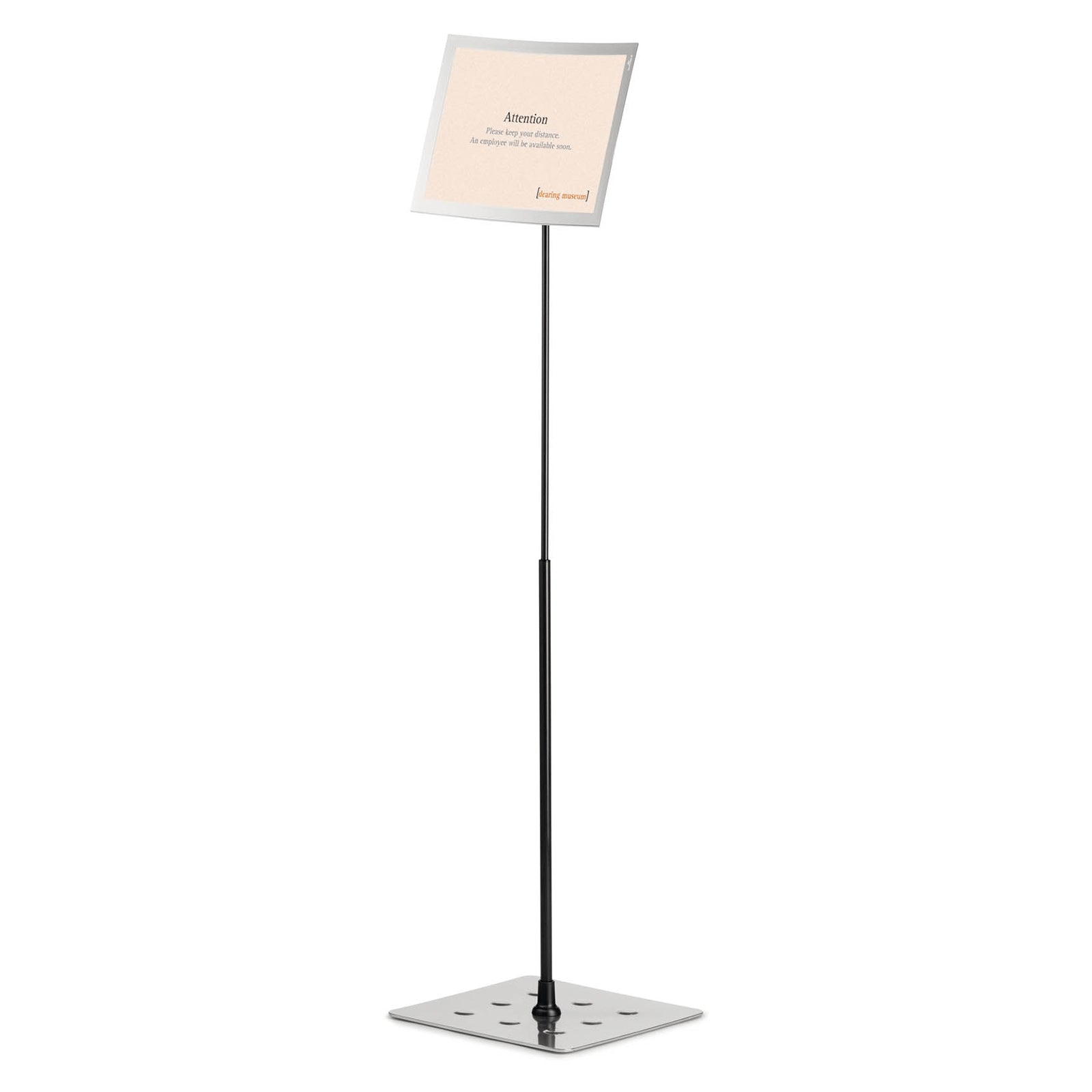 Studio image of the Durable Duraview Floor Stand A4 Silver displaying an information notice in landscape orientation, showcasing the adjustable display angle and slim professional design against a clean white background.