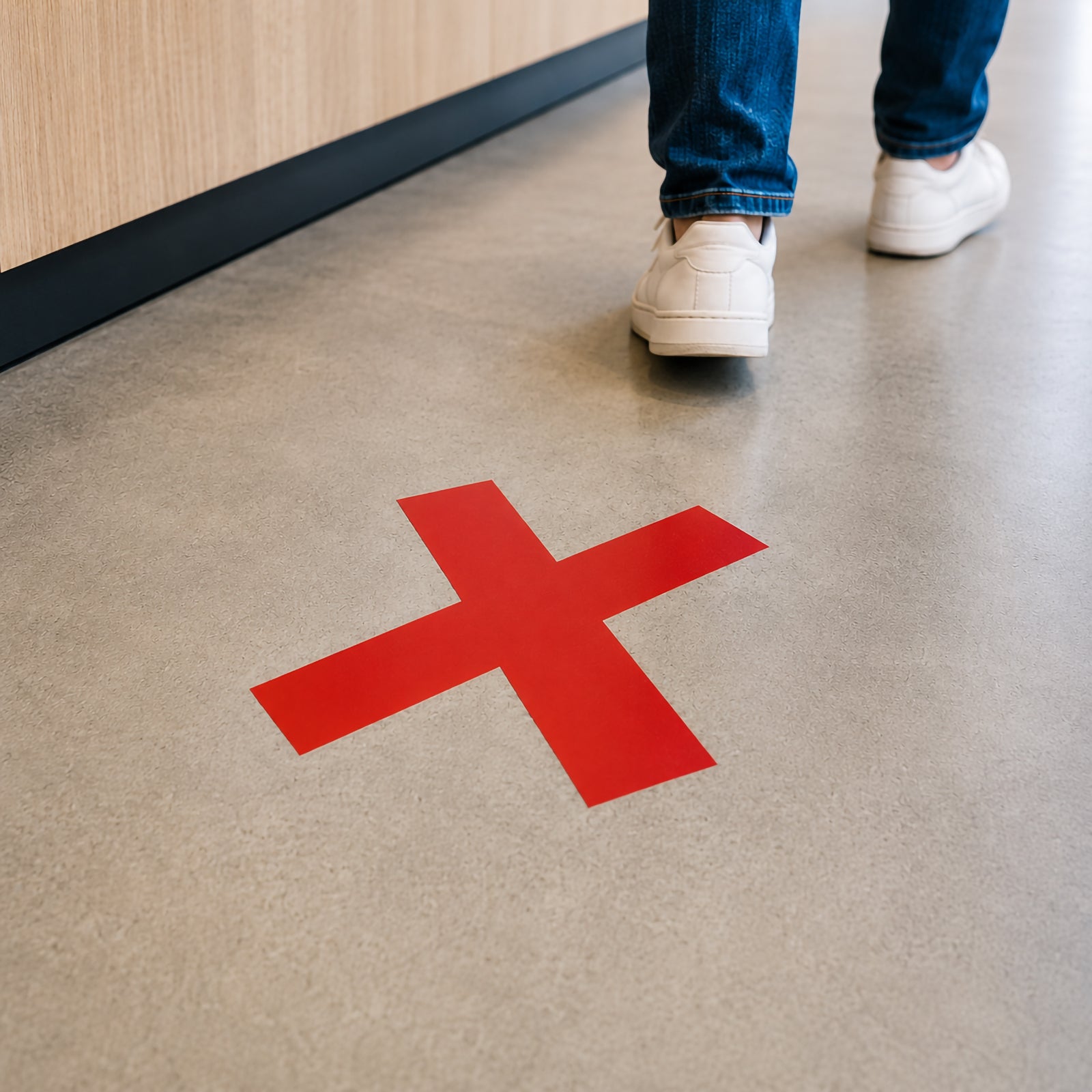 Close view of a Durable Cross X Red removable floor marker installed on a smooth indoor floor beside a reception counter, indicating an area that should not be occupied or used.