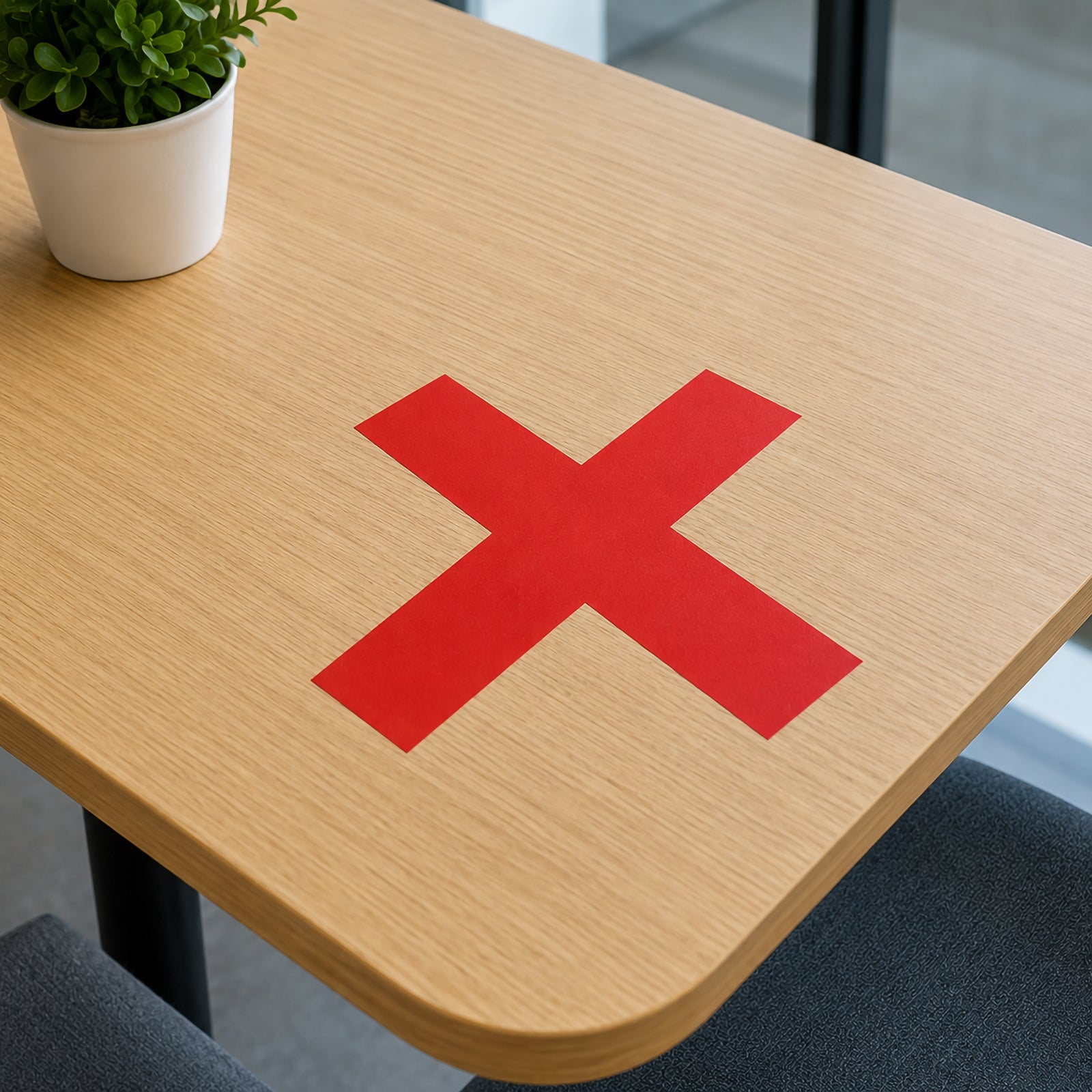 Red Durable Cross X floor marker applied to a wooden meeting table, clearly indicating that the seating position is temporarily unavailable while maintaining organised workplace distancing.