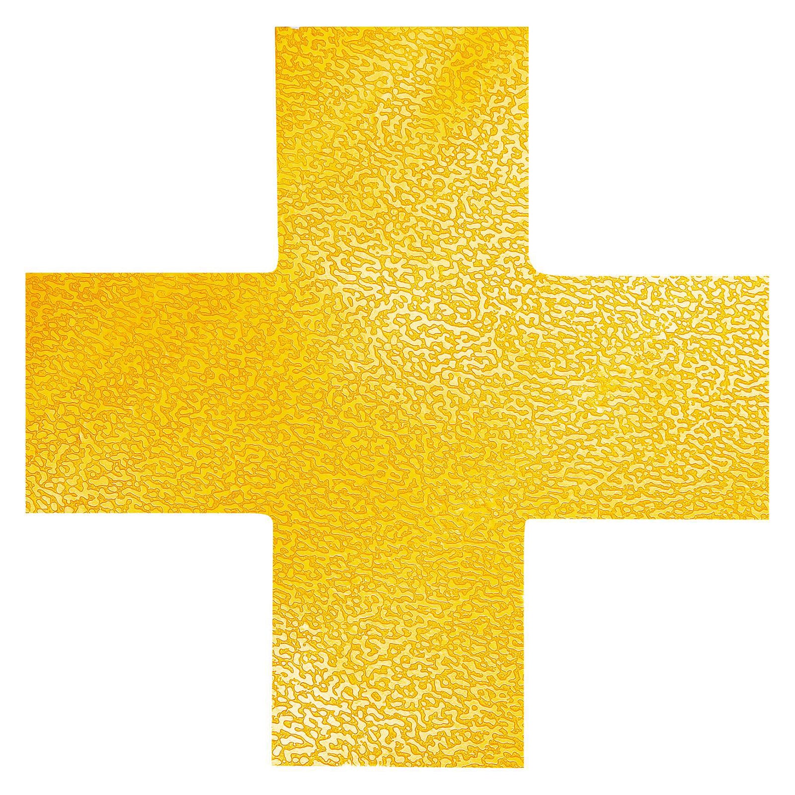 Studio image of a single Durable Floor Marking Cross Yellow showing the textured abrasion resistant surface and bright signal yellow finish against a clean white background.
