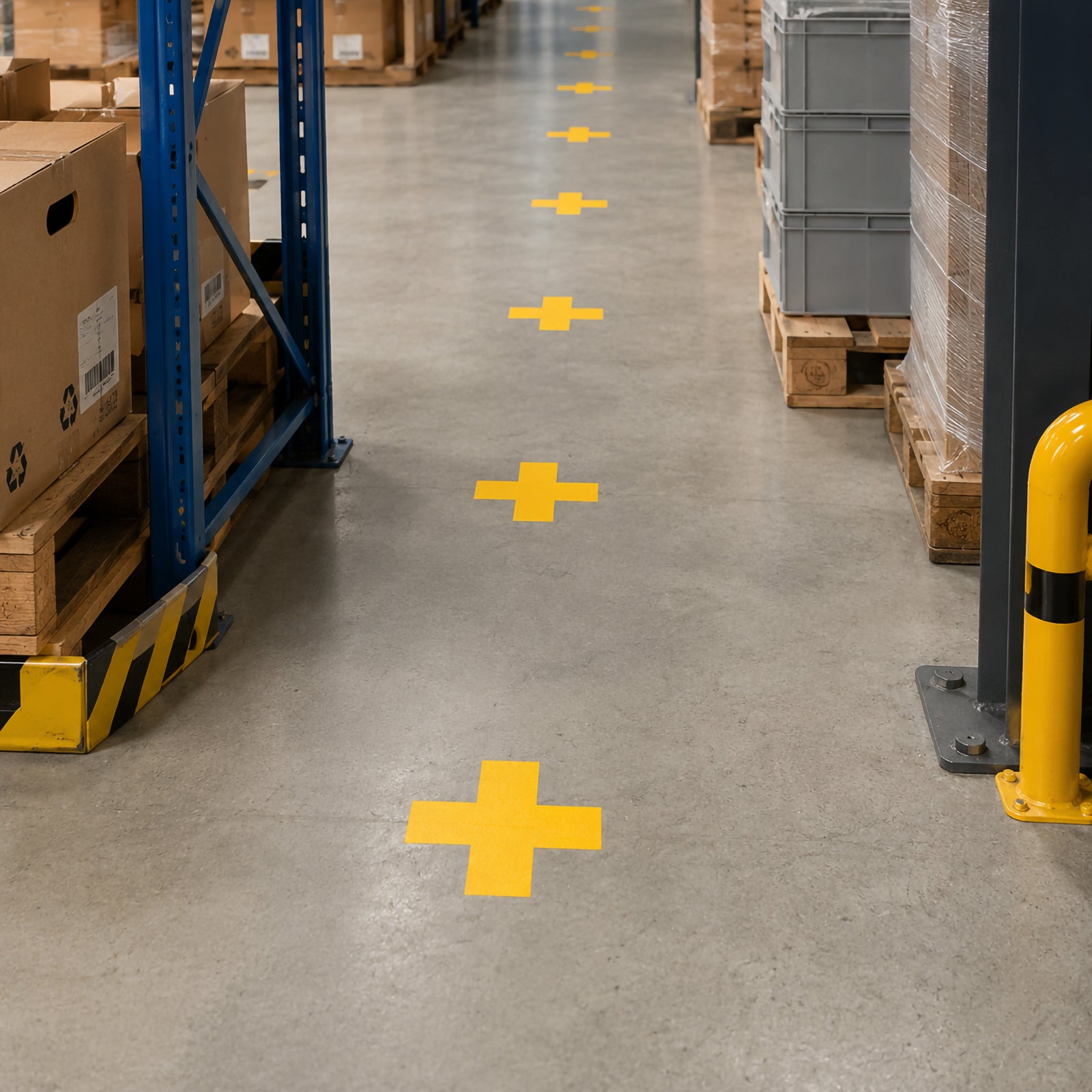 Perspective view of several Durable Floor Marking Cross Yellow markers placed along a warehouse aisle to identify designated locations and improve organisation throughout the facility.