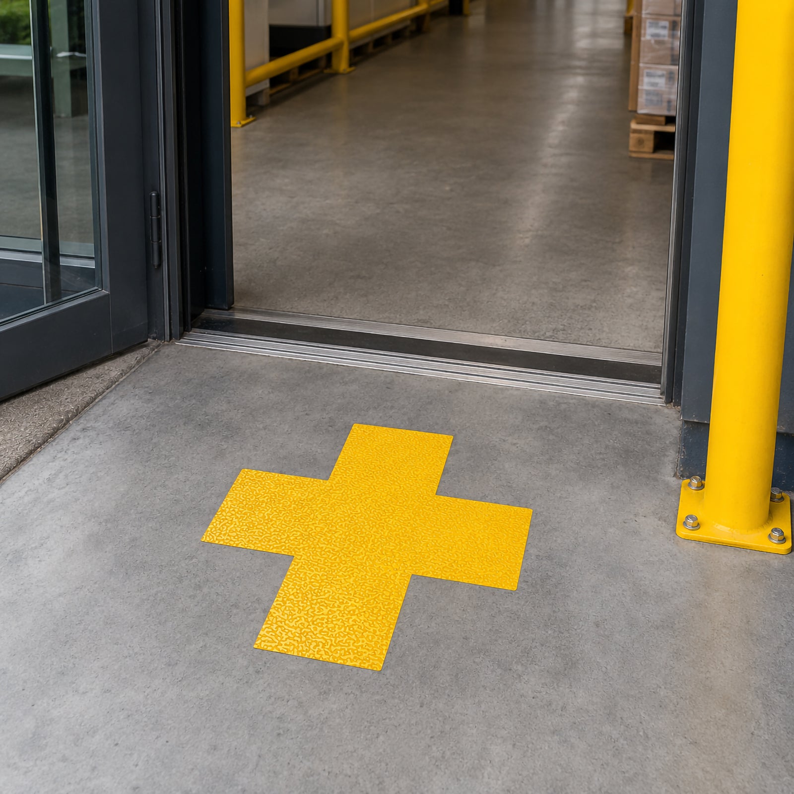 Close up of a Durable Floor Marking Cross Yellow positioned at the entrance to an industrial workspace, providing a highly visible reference point on a clean concrete floor beside safety barriers.