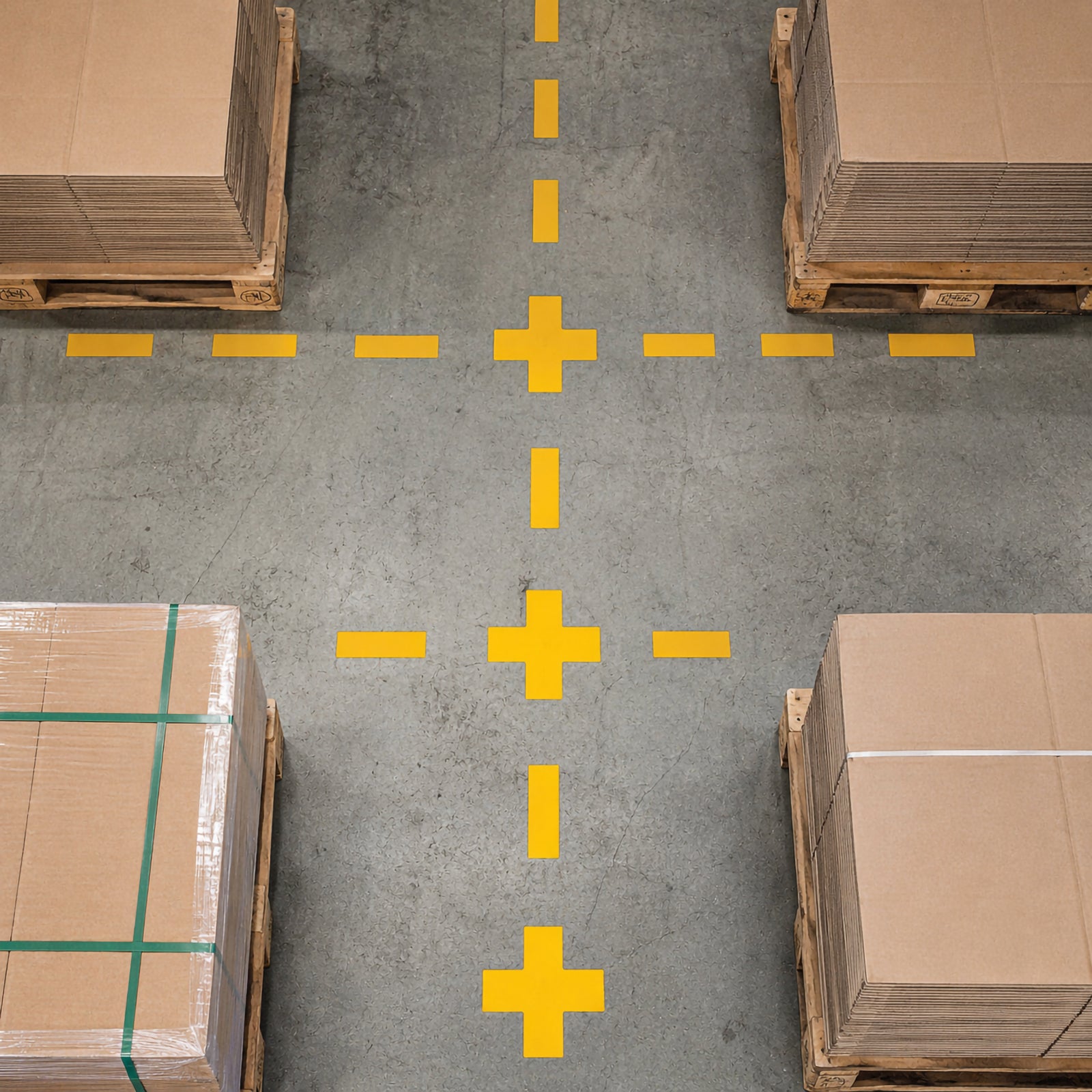 Overhead view of multiple Durable Floor Marking Cross Yellow symbols installed at warehouse aisle intersections, clearly identifying crossing points between pallet storage areas and traffic lanes.