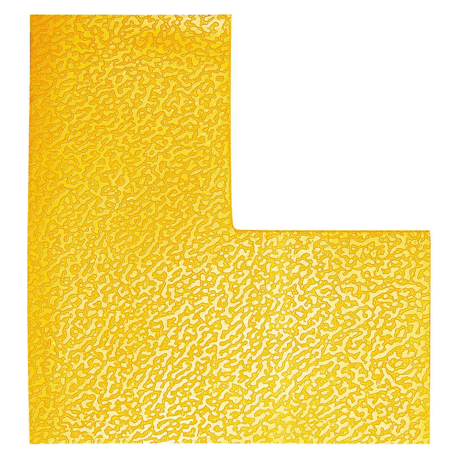 Top view of the Durable Floor Marking Shape L Shape Yellow Pack 10 on a white background. The textured signal yellow L shaped self adhesive floor marking is designed for permanent indoor application to mark storage spaces, walkways, hazardous areas and warehouse floor boundaries.