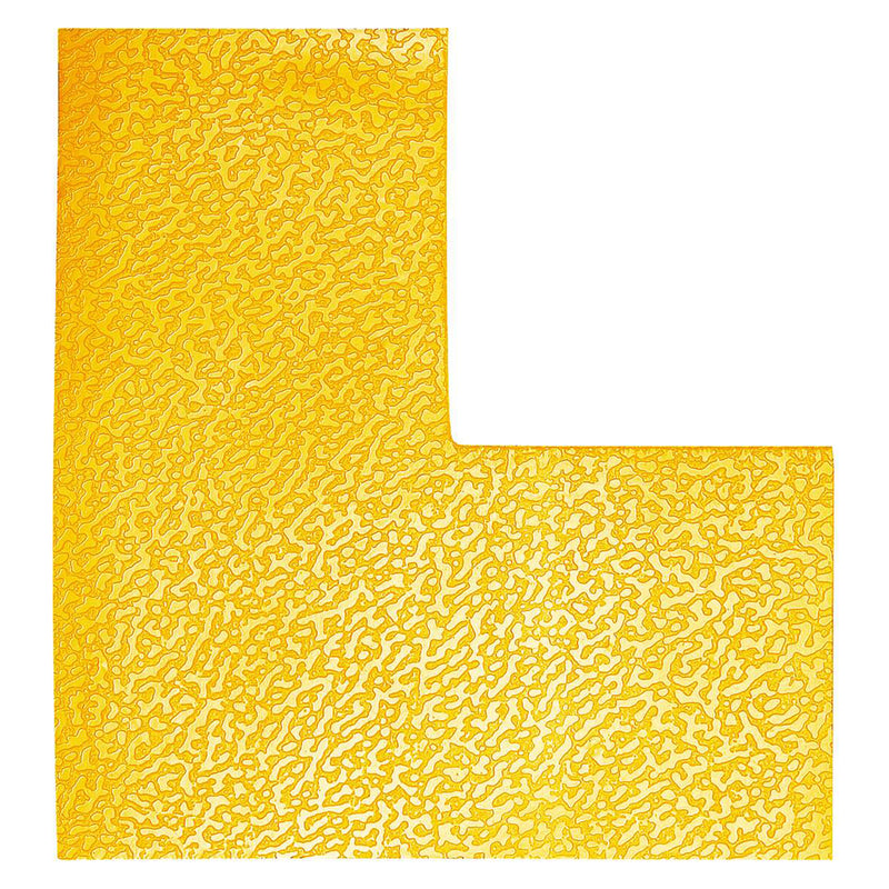 Top view of the Durable Floor Marking Shape L Shape Yellow Pack 10 on a white background. The textured signal yellow L shaped self adhesive floor marking is designed for permanent indoor application to mark storage spaces, walkways, hazardous areas and warehouse floor boundaries.