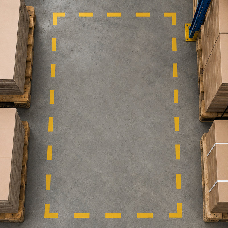 Durable Floor Marking Shape L Shape Yellow Pack 10 installed on a warehouse concrete floor to define a square storage area. Multiple yellow L shaped corner markers and matching stripe markers clearly outline a pallet storage zone between stacked cartons, providing high visibility floor organisation for industrial workplaces.