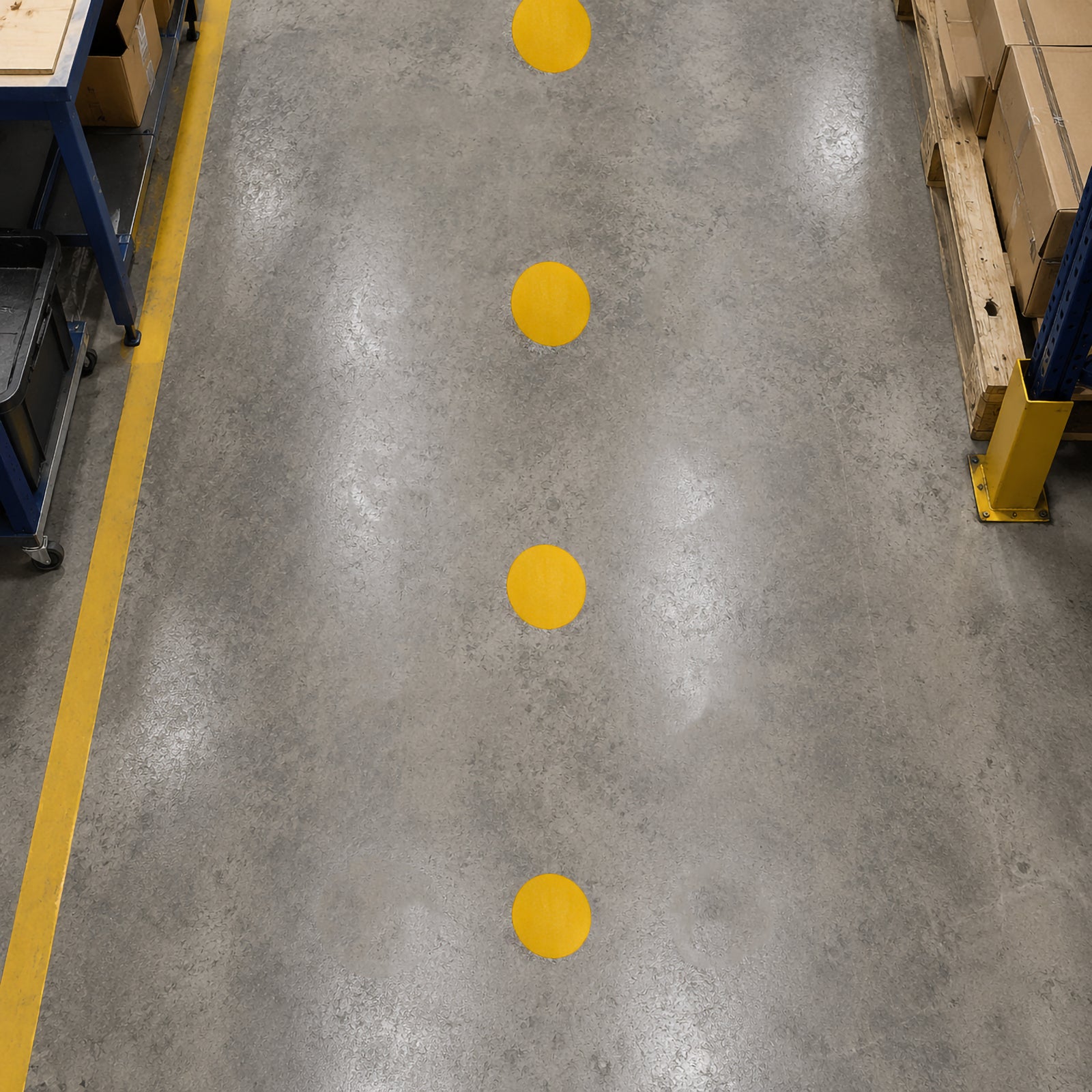 Overhead view of multiple Durable Floor Marking Point Yellow markers installed along a warehouse walkway, creating a clear pedestrian guidance path between shelving and workstations on a polished concrete floor.