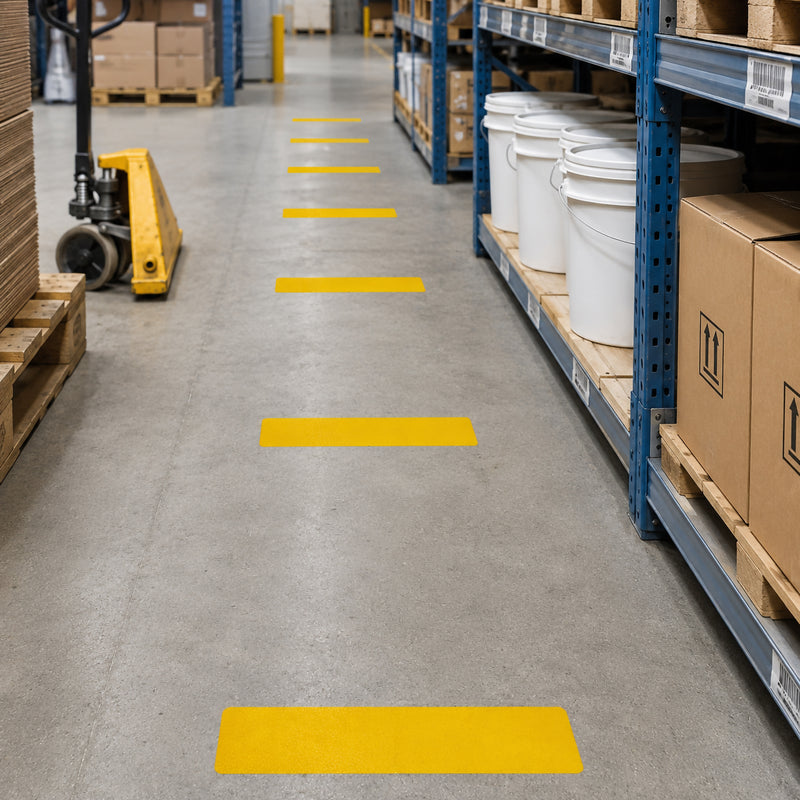 Perspective view of multiple Durable Floor Marking Stripe Yellow markers positioned along a warehouse aisle to guide pedestrian movement and improve traffic flow through the facility.