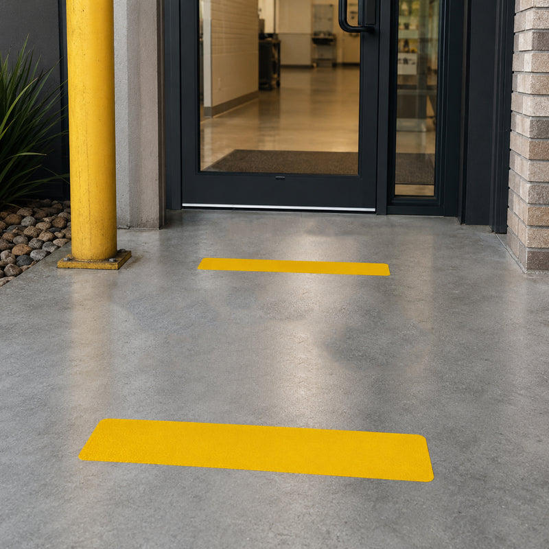 Close up of a Durable Floor Marking Stripe Yellow applied at the entrance to an industrial building, providing a clear visual boundary on a clean concrete floor beside protective safety bollards.