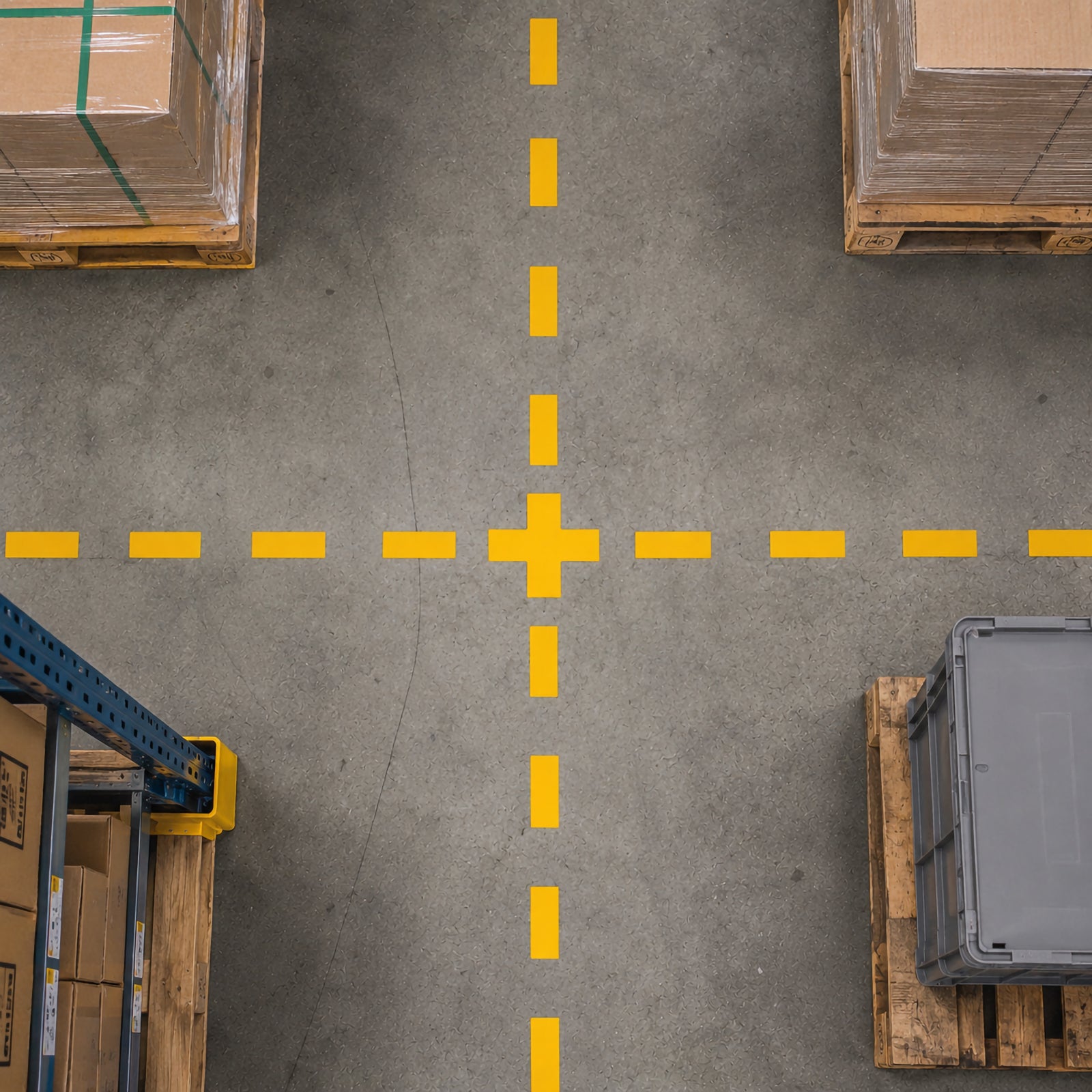 Overhead view of Durable Floor Marking Stripe Yellow markers installed across warehouse intersections, creating clearly defined crossing points and organised traffic routes between pallet storage areas.