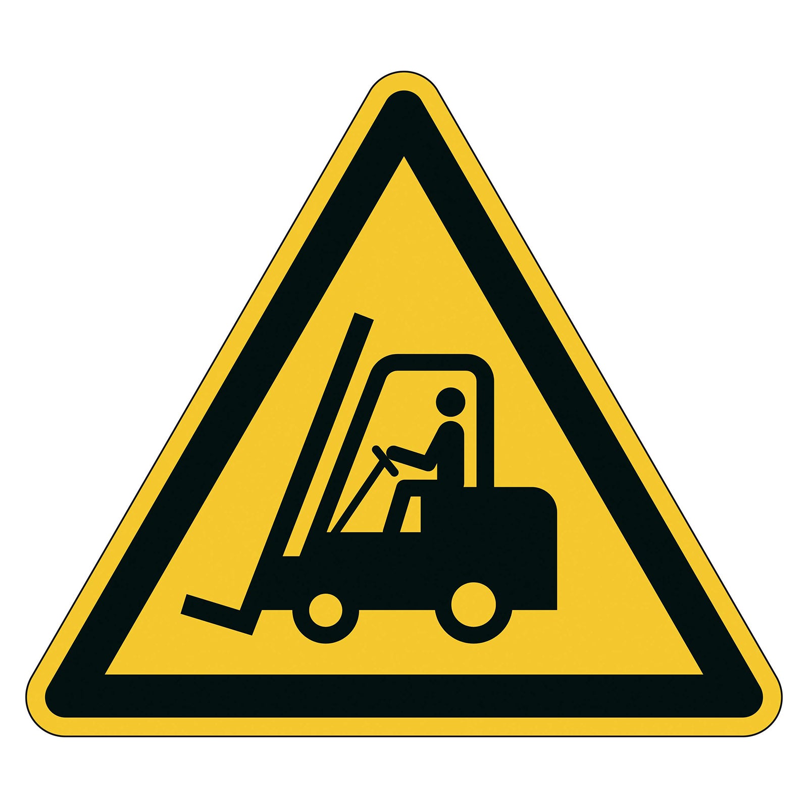 Studio product image of the Durable Floor Marking Sign Permanent Caution Forklifts 430 x 430mm Yellow displaying the ISO 7010 W014 forklift warning symbol on a clean white background.