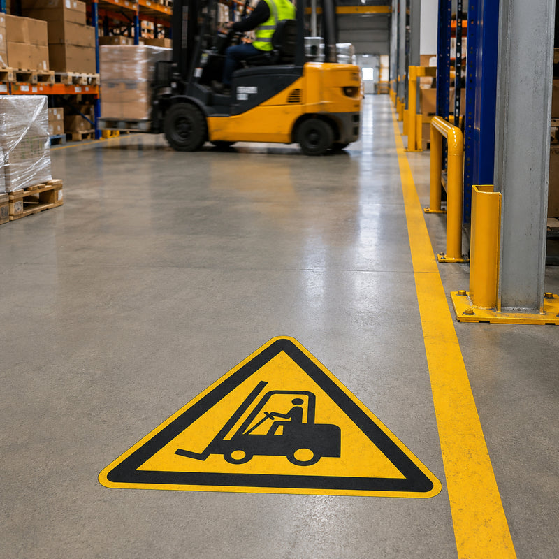 Low angle warehouse scene showing the Durable Floor Marking Sign Permanent Caution Forklifts 430 x 430mm Yellow applied to a polished concrete floor while a forklift operates in the background, reinforcing workplace hazard awareness.