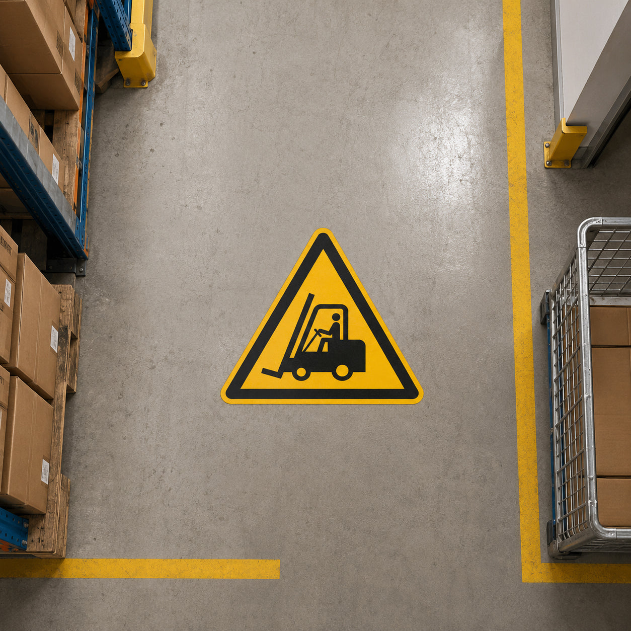 Overhead view of the Durable Floor Marking Sign Permanent Caution Forklifts 430 x 430mm Yellow installed in a warehouse aisle, clearly warning pedestrians and vehicle operators of active forklift traffic within an industrial storage facility.