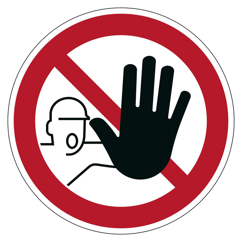 Studio close up of the Durable Floor Marking Sign Permanent Entry Prohibited 430mm Red displaying the bold prohibition symbol with a raised hand graphic inside a red circle. The clean white background highlights the sign's professional design and high visibility.