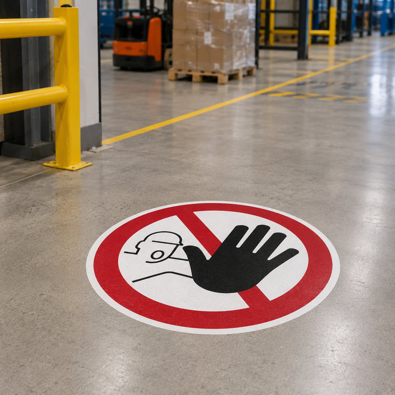 Low angle industrial warehouse scene featuring the Durable Floor Marking Sign Permanent Entry Prohibited 430mm Red applied to a polished concrete floor near safety barriers, warehouse shelving and forklift operating zones, reinforcing controlled access and workplace safety.