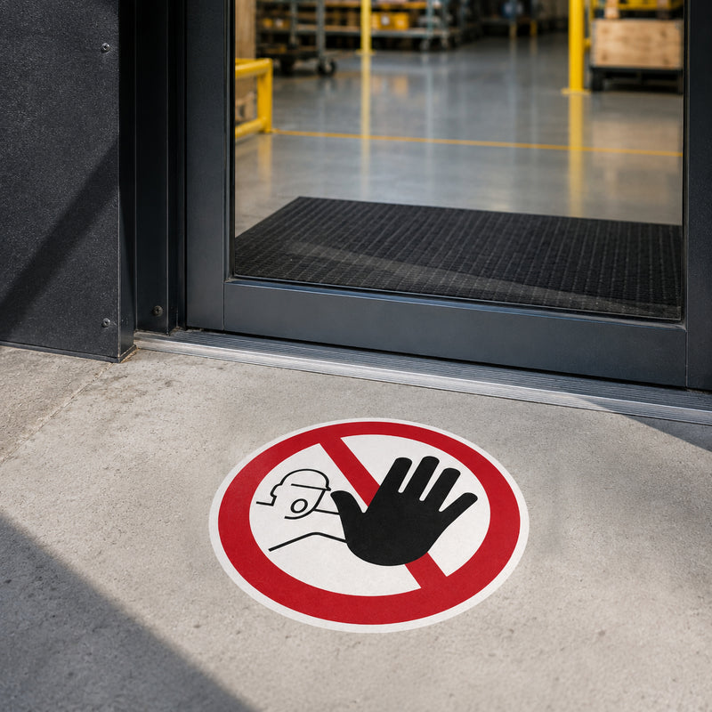 The Durable Floor Marking Sign Permanent Entry Prohibited 430mm Red positioned at the entrance to a restricted warehouse area beside an industrial doorway. The highly visible floor sign provides clear access control guidance for staff and authorised personnel.