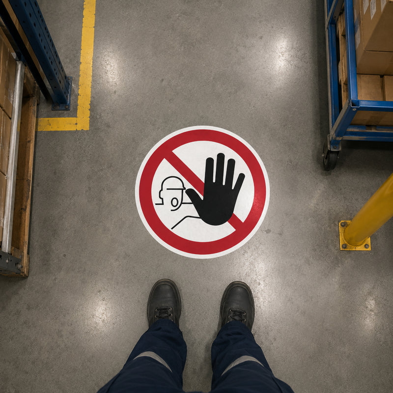 Overhead warehouse view showing the Durable Floor Marking Sign Permanent Entry Prohibited 430mm Red installed on a polished concrete floor. A worker stands safely before the clearly marked restricted area, demonstrating the sign's role in preventing unauthorised access within industrial environments.