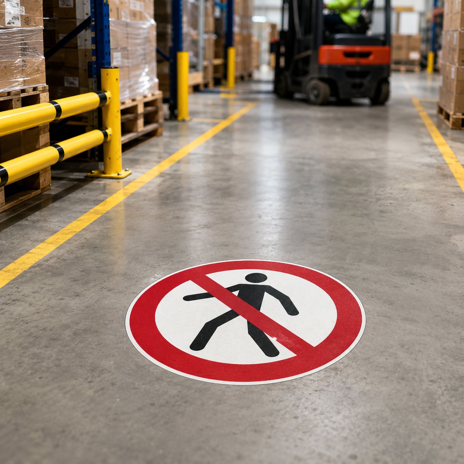 Low angle warehouse scene showing the Durable Floor Marking Sign Permanent Pedestrian Prohibited 430mm Red installed on a polished concrete floor near forklift traffic lanes, pallet storage and safety barriers, helping separate pedestrian and vehicle operating zones.