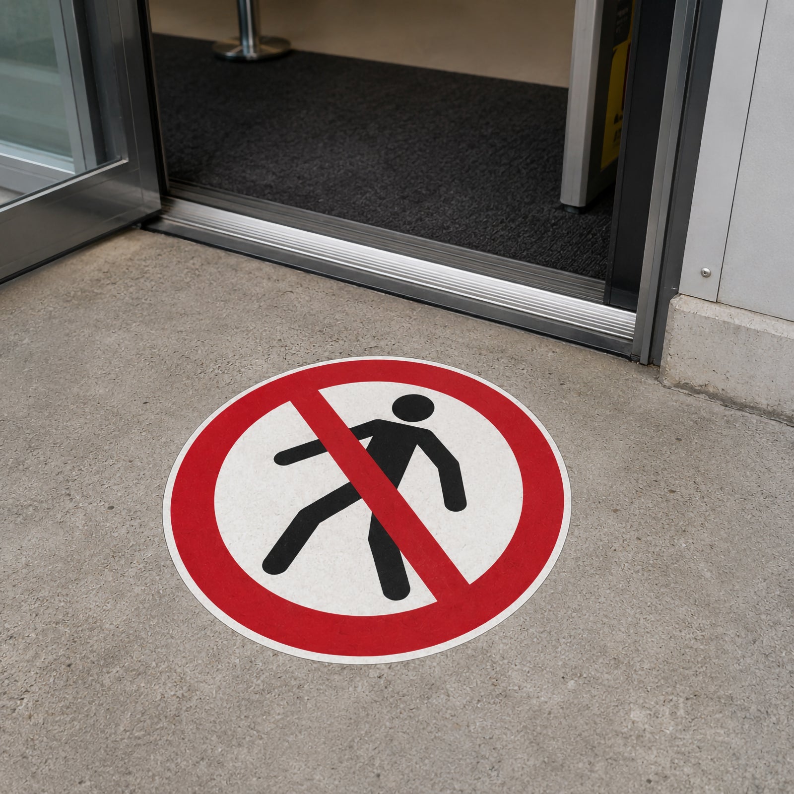 The Durable Floor Marking Sign Permanent Pedestrian Prohibited 430mm Red positioned at a commercial building entrance, providing a clear visual warning that pedestrian access is prohibited beyond the marked area. The sign is securely applied to a clean concrete floor for maximum visibility.