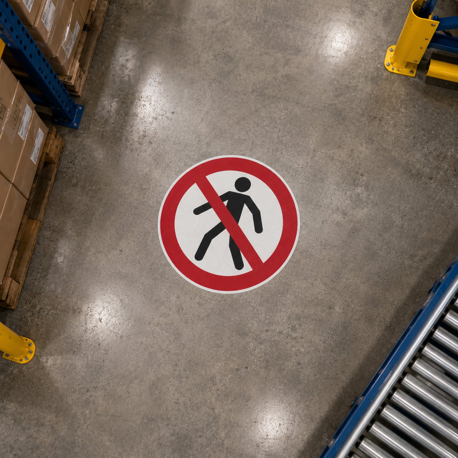 Overhead view of the Durable Floor Marking Sign Permanent Pedestrian Prohibited 430mm Red installed on a polished warehouse floor between storage racks and conveyor equipment. The highly visible prohibition symbol clearly identifies a restricted pedestrian area within an industrial facility.
