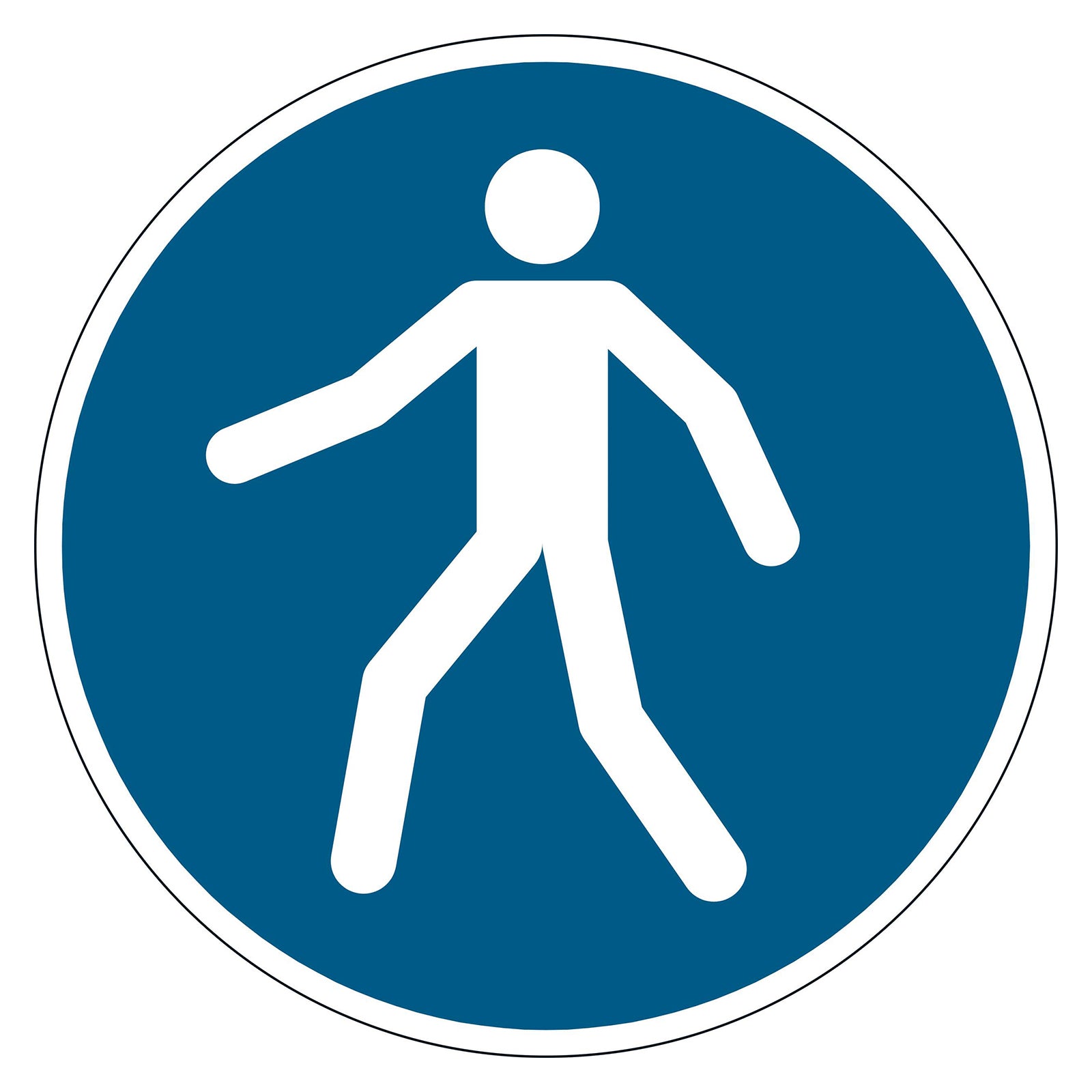 Studio product image of the Durable Floor Marking Sign Use Walkway 430mm Blue on a clean white background, highlighting the ISO 7010 mandatory pedestrian walkway symbol for workplace safety applications.