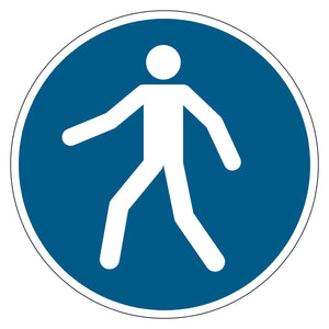 Durable round blue use walkway floor sign with a walking figure