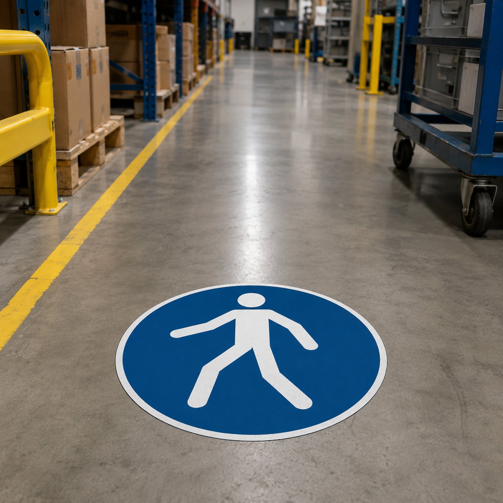 Low angle view of the Durable Floor Marking Sign Use Walkway 430mm Blue installed along a warehouse aisle bordered by safety rails and shelving, reinforcing safe pedestrian movement within a busy industrial facility.