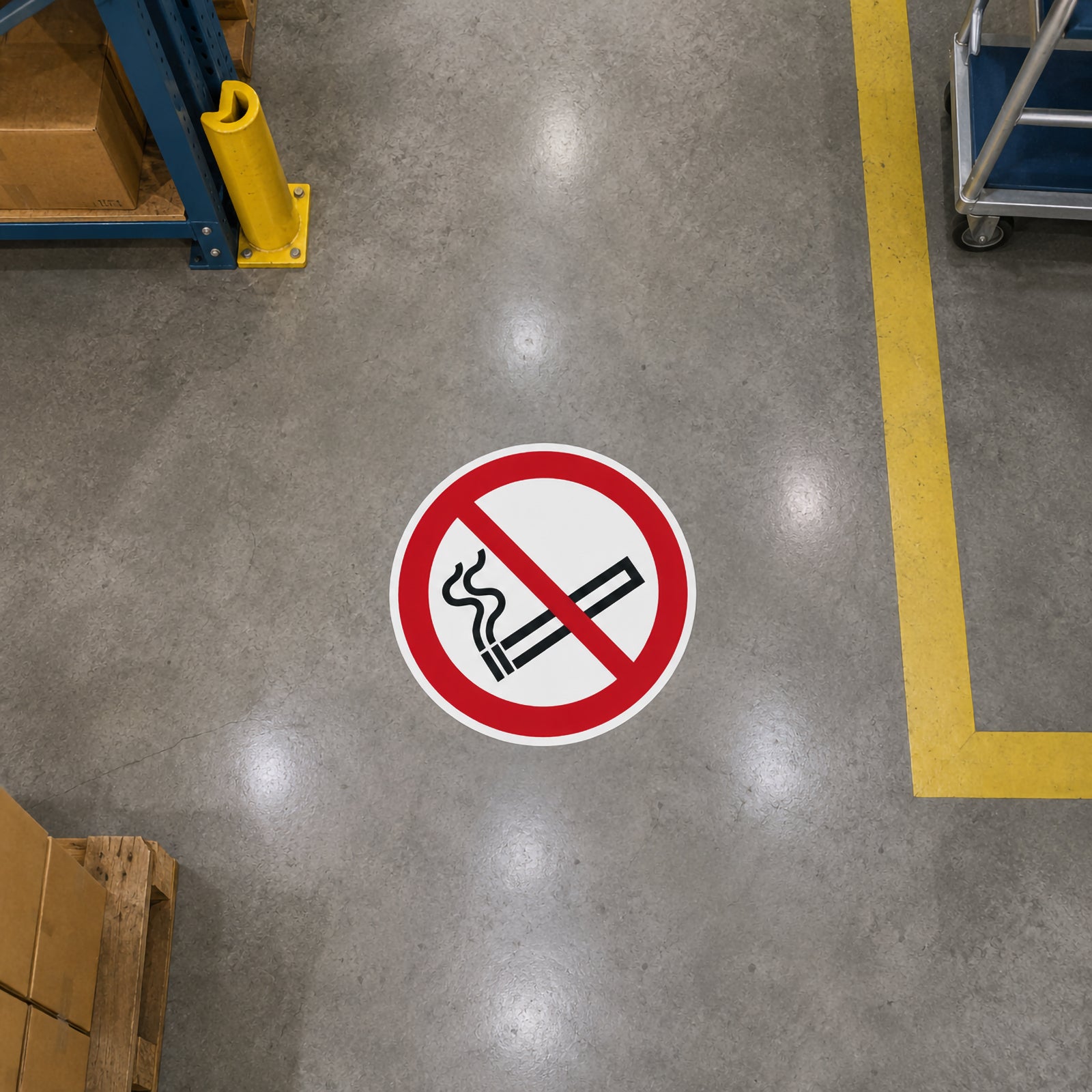 Overhead view of the Durable Floor Marking Sign Smoking Prohibited 430mm Red installed on a polished warehouse floor between storage racking and marked pedestrian walkways. The highly visible red prohibition symbol clearly defines a designated no smoking area in an industrial environment.
