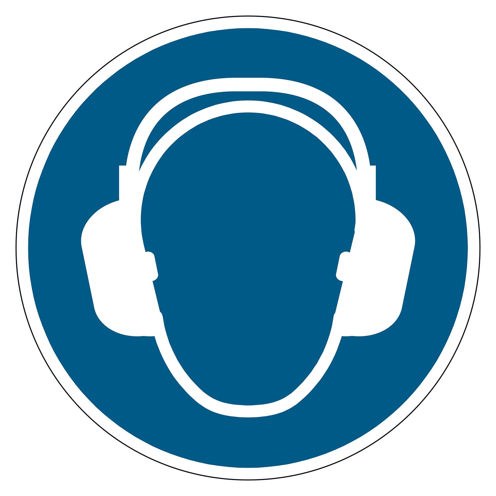 Studio product image of the Durable Floor Marking Sign Use Ear Protection 430mm Blue displayed against a clean white background, showcasing the internationally recognised mandatory hearing protection symbol for workplace safety applications.