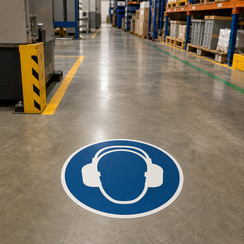 Low angle warehouse scene featuring the Durable Floor Marking Sign Use Ear Protection 430mm Blue installed on a clean concrete floor near production equipment and storage aisles, reinforcing mandatory PPE requirements within an active industrial facility.