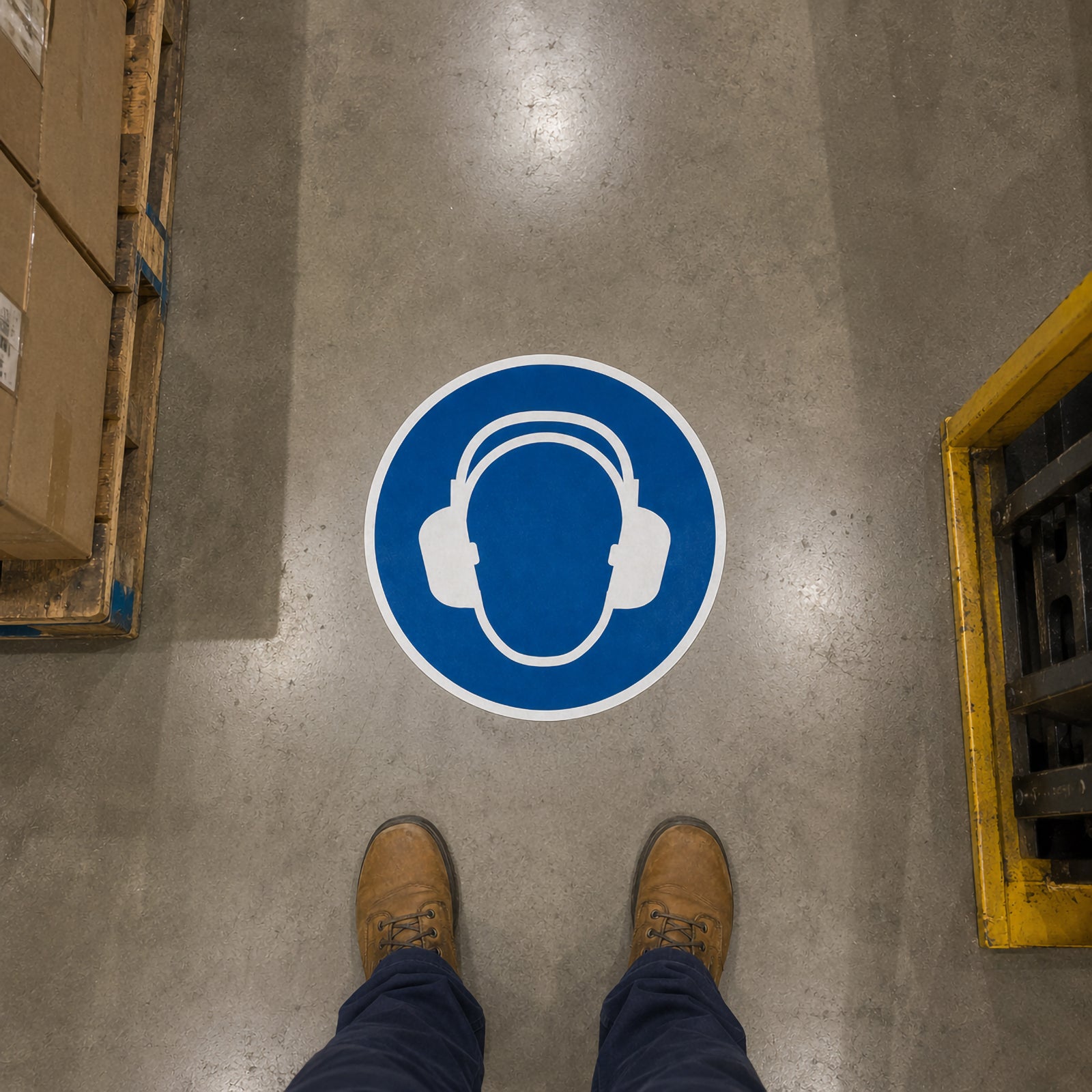 Overhead view of the Durable Floor Marking Sign Use Ear Protection 430mm Blue installed on a polished warehouse floor with a worker standing nearby. The highly visible blue mandatory hearing protection symbol clearly marks an area where ear protection must be worn.