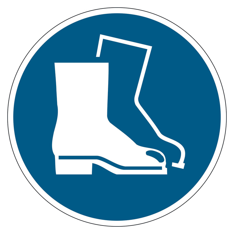 Studio product image of the Durable Floor Marking Sign Use Foot Protection 430mm Blue on a white background, highlighting the ISO 7010 M008 mandatory safety footwear symbol for industrial applications.