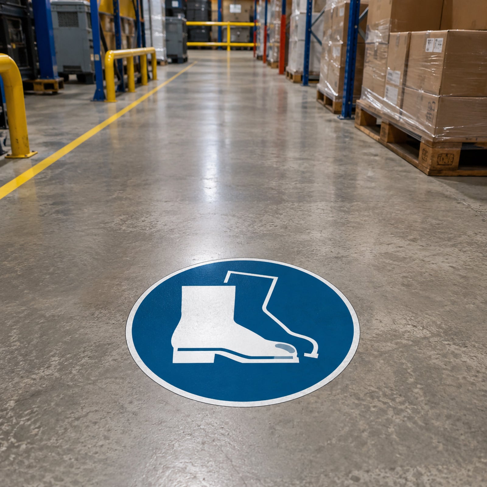 Low angle warehouse aisle showing the Durable Floor Marking Sign Use Foot Protection 430mm Blue applied to a polished concrete floor, reinforcing PPE compliance in a busy distribution environment.