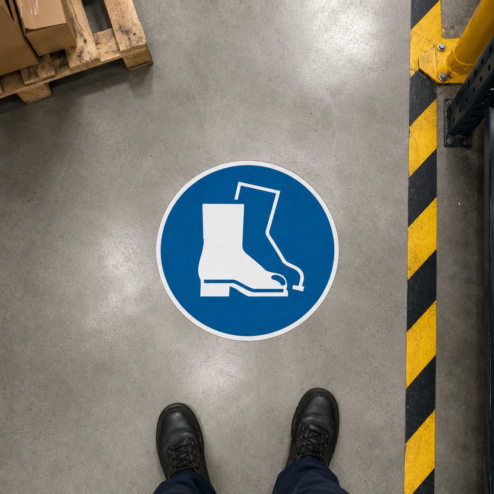 Overhead view of the Durable Floor Marking Sign Use Foot Protection 430mm Blue installed on a warehouse floor beside pallet storage, reminding workers to wear protective safety footwear before entering the operational area.