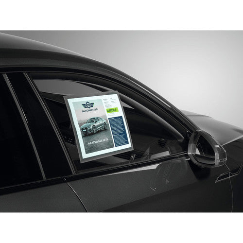 Durable static cling A4 frame fixed to the inside of a car side window showing a vehicle sale notice