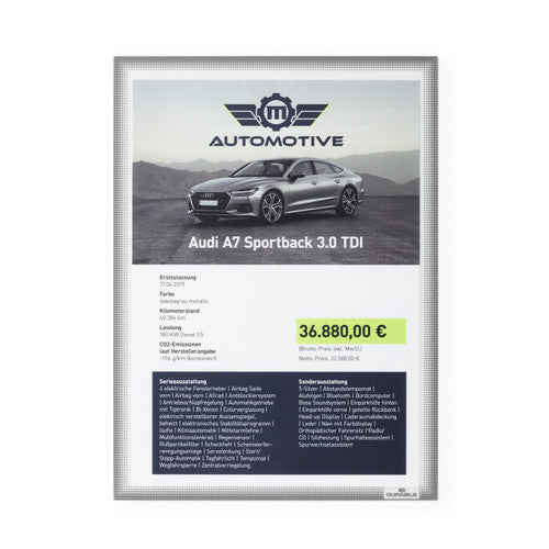 Grey Duraframe Info Frame holding an A4 vehicle sale sheet with a car photo, price and specification list