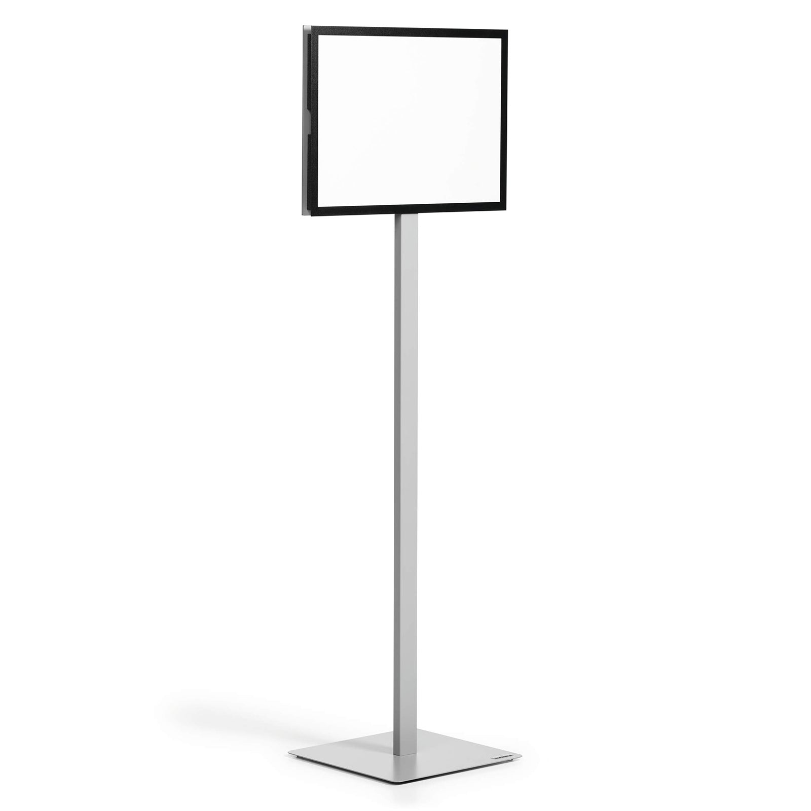 Studio product image of the Durable Info Stand Floor Basic A3 Silver with an empty landscape frame, highlighting the minimalist design and ready to customise display surface.