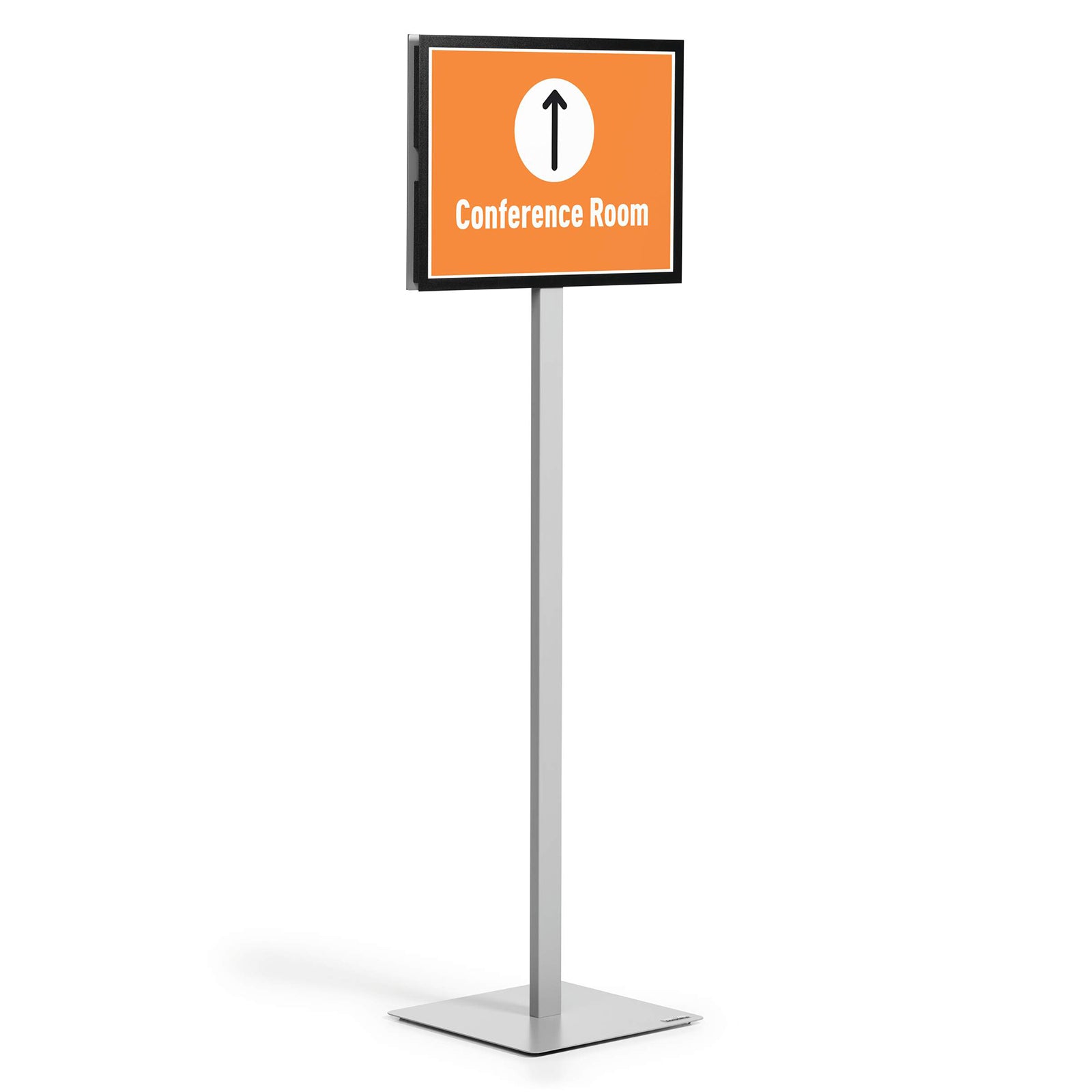 Front studio view of the Durable Info Stand Floor Basic A3 Silver displaying a conference room directional sign in landscape orientation. The clean aluminium stand and slim frame create a premium presentation for professional environments.