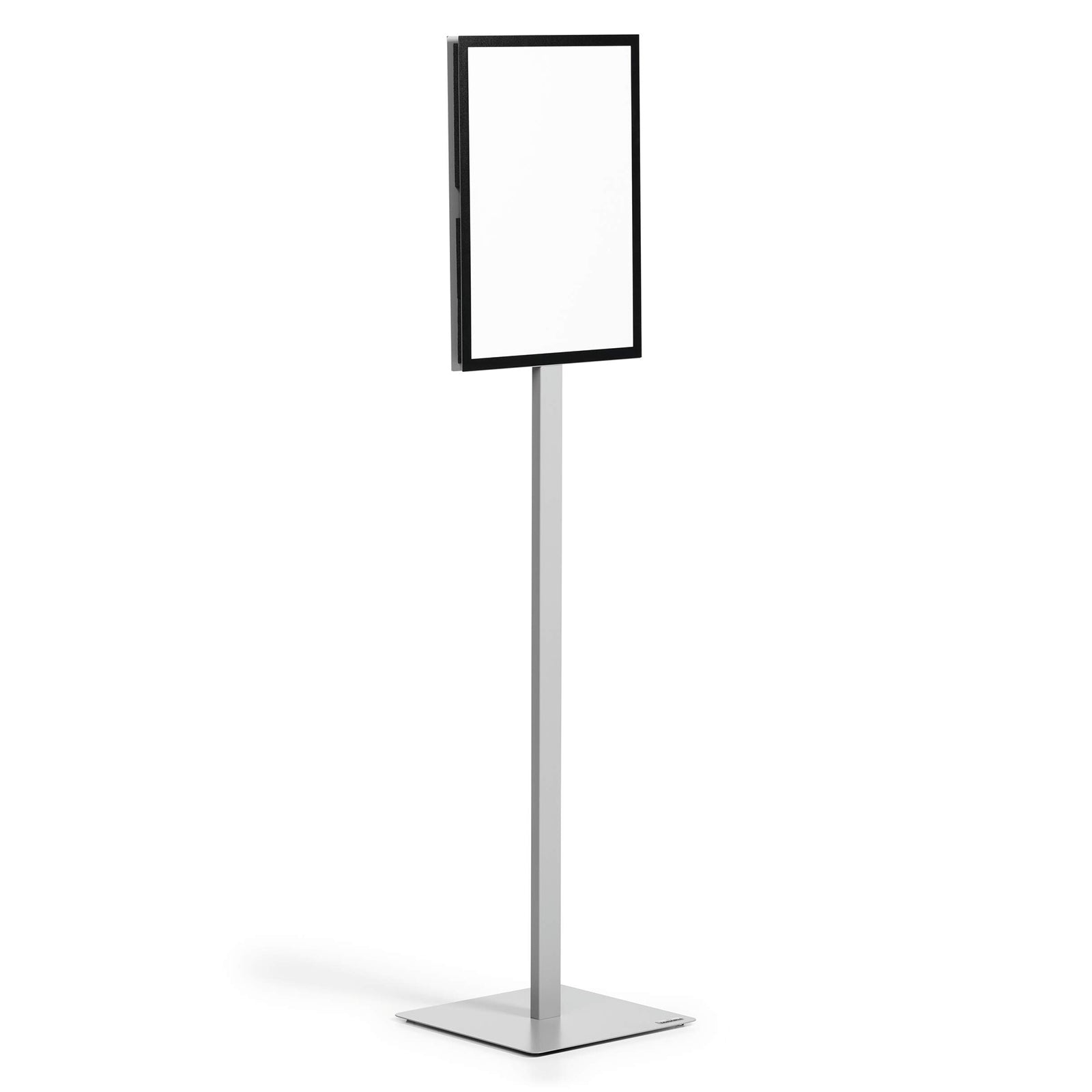 Studio product image showing the Durable Info Stand Floor Basic A3 Silver with an empty portrait frame, emphasising the flexible orientation options and elegant commercial appearance.