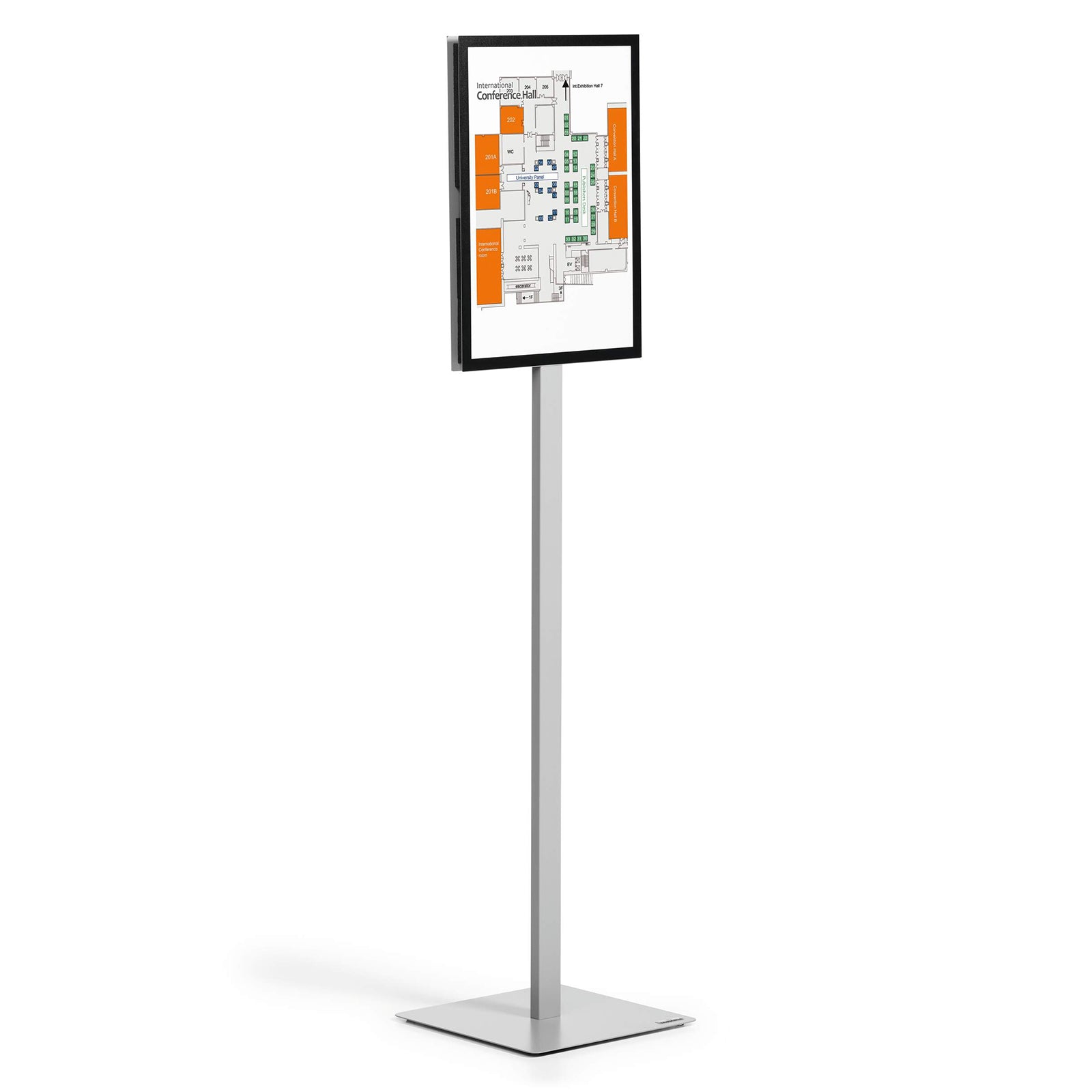 Studio image of the stand displaying a detailed floor plan in portrait orientation, demonstrating its suitability for directories, evacuation plans, venue maps and visitor information.