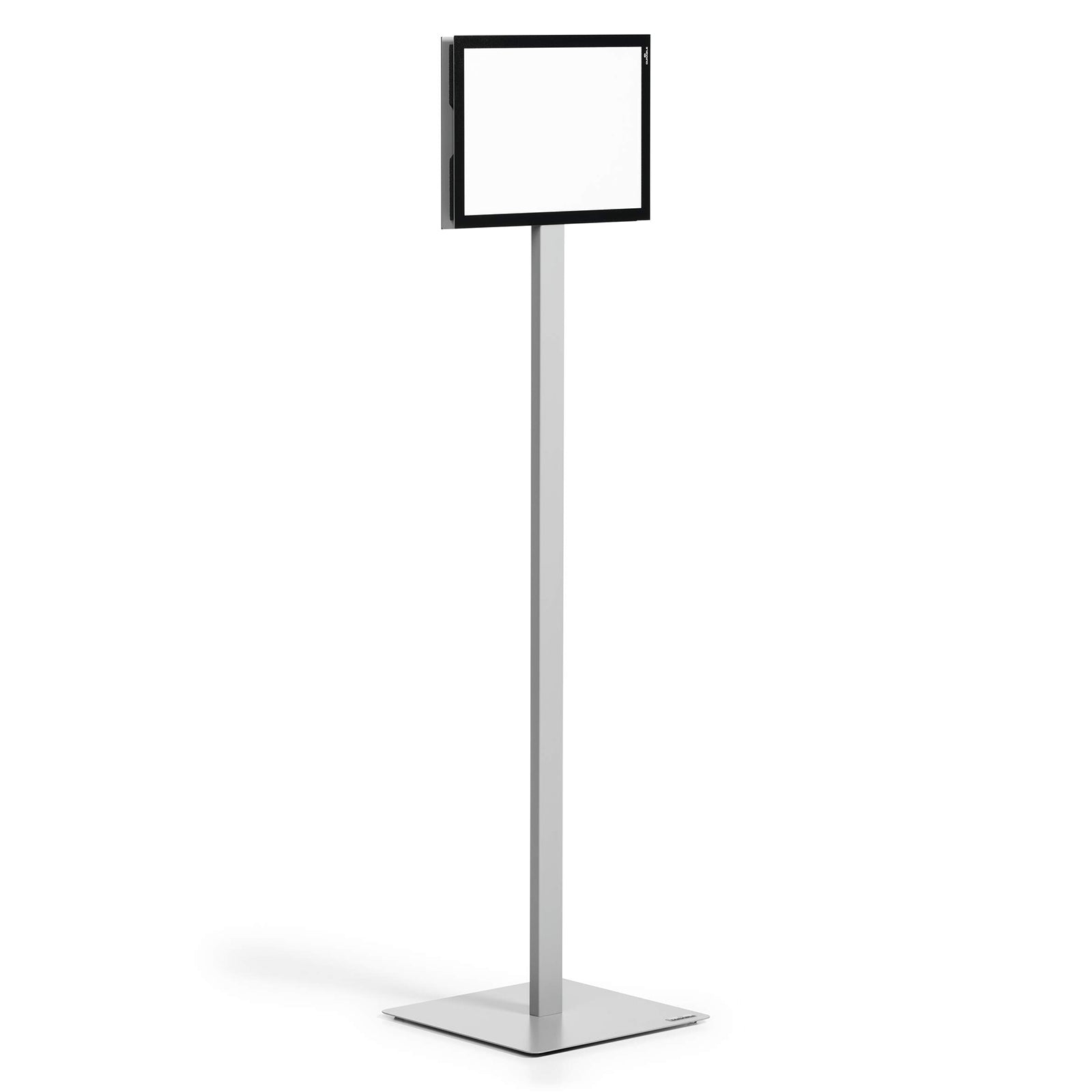 Studio image of the Durable Info Stand Floor Basic A4 Silver with an empty landscape frame, showcasing the sleek aluminium construction and ready to customise display surface.