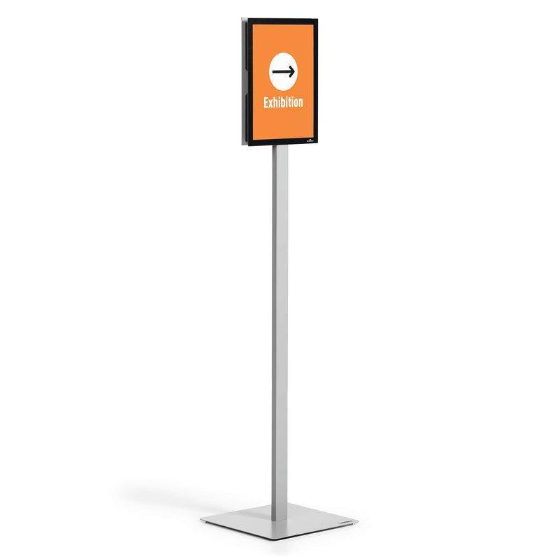 Studio product image showing the stand displaying an exhibition directional sign in portrait orientation. The display highlights the flexibility for wayfinding, events and visitor guidance.