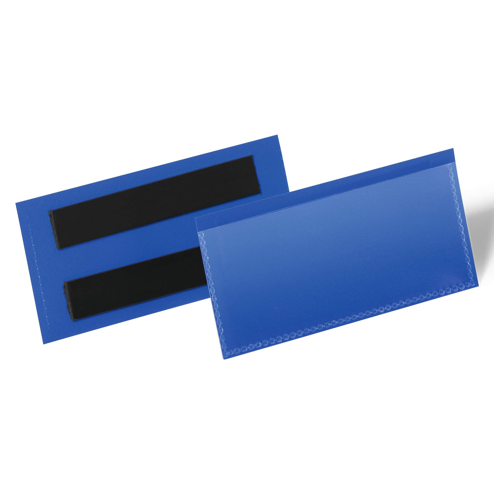 Front and rear view of the Durable Magnetic Document Pouch showing the transparent document window and dual magnetic strips on the reverse. The image highlights the reusable construction and secure magnetic mounting system for metal surfaces.