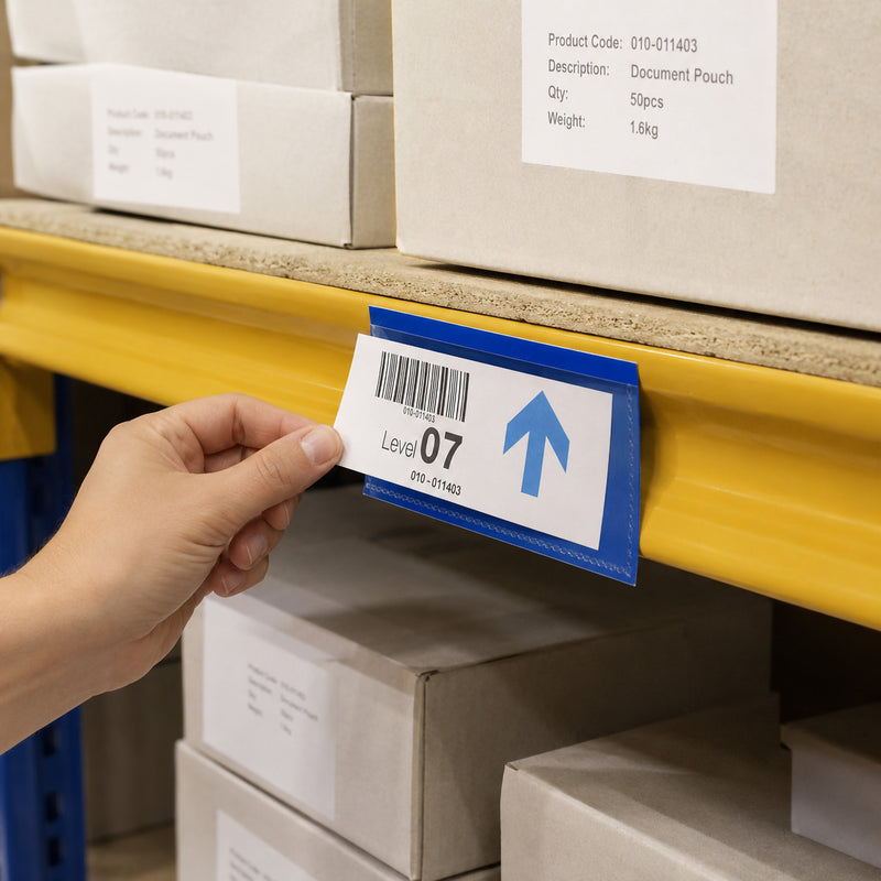A hand removes a barcode location label from the Durable Magnetic Document Pouch attached to a yellow warehouse shelf. The dark blue magnetic holder keeps inventory labels secure while allowing quick updates during stock management.