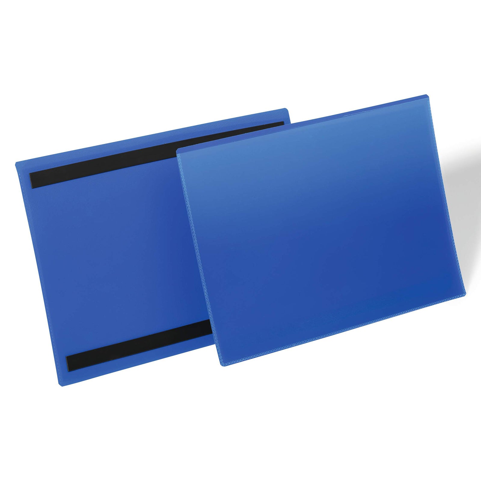 Front and rear product view of the Durable Magnetic Document Pouch showing the durable dark blue polypropylene construction, transparent document sleeve and dual magnetic strips on the reverse for secure attachment to metal surfaces.